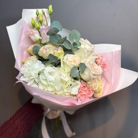 Delicate bouquet with fragrant rose and hydrangea