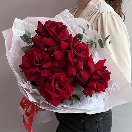 Burgundy French roses with eucalyptus