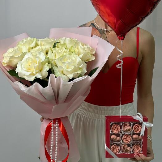💐+🎈+🍫Комбо-Набор: белые французские розы+бельгийский шоколад+шар сердце