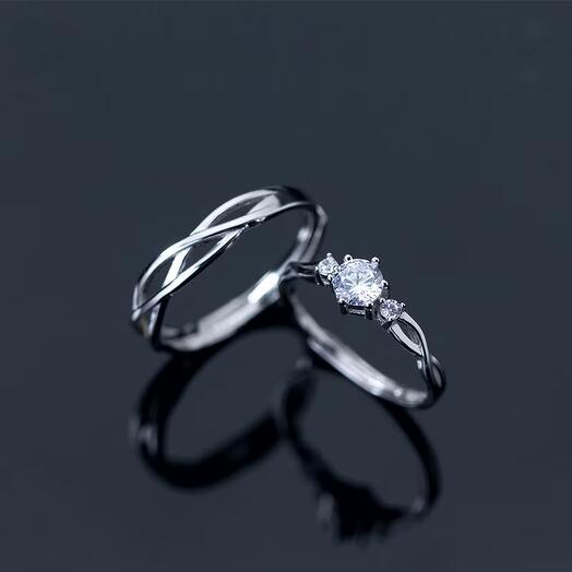 Anillos de plata de pareja de 2 piezas para AMANTES con Circonitas, hombres y mujeres, Tamaño libre