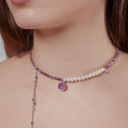 Choker made of natural amethyst and pearls