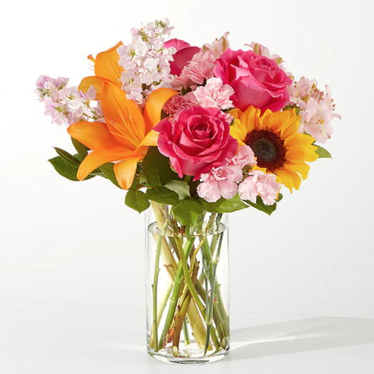 In Full Swing Bouquet (lily, rose, stock, sunflower + vase)