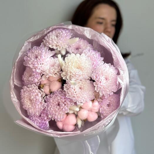 Сиреневый сборный букет💜Хризантема с хлопком