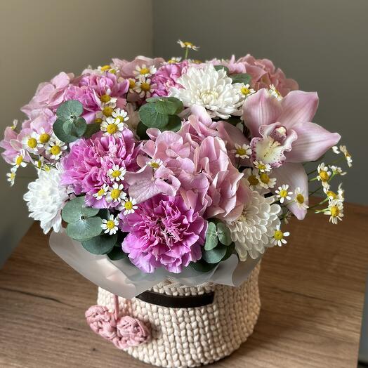 Орхидея гортензия диантус в кашпо ручной работы для мамы💗