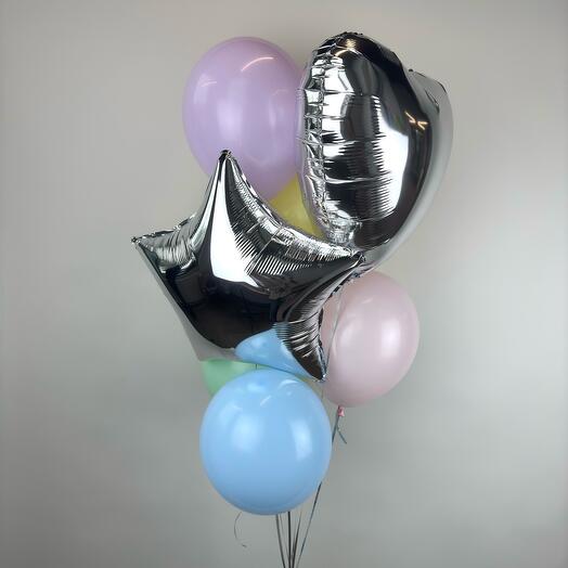 Шары макарунс с серебрянной звездой и сердцем 7 шт