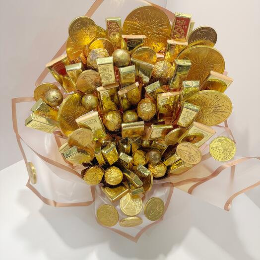 Золотые монеты.Креативный букет.  Шоколадные конфеты в золотых слитках, золотых  монетах .Подарок в золоте . Подарок на Юбилей