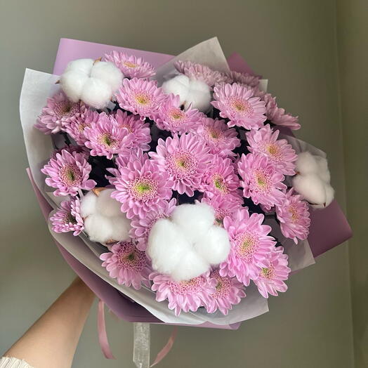 🌸Авторский букет хризантемы и хлопок цветы подарок маме, любимой девушке, женщине, жене, бабушке букет