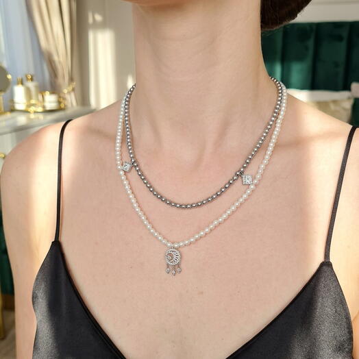 Колье двойное с натуральным жемчугом и гематитом 40-45см, 46-51см