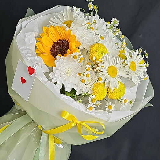 💛" Летний вайб" Ромашки, подсолнух🌻хризантема, солнечный летний букет для настроения, любимой