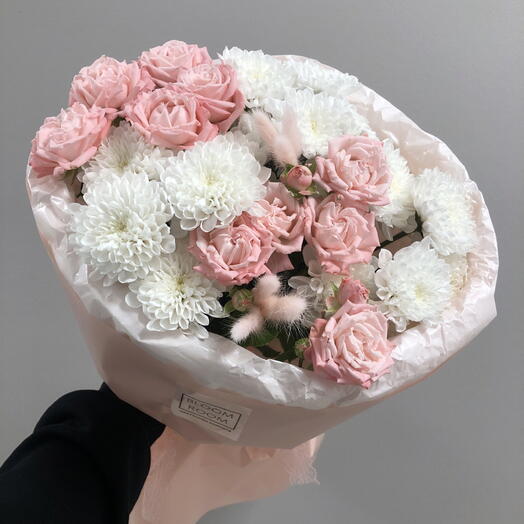Нежный букет bloom room🌸 Пионовидная роза, хризантема, Лагурус