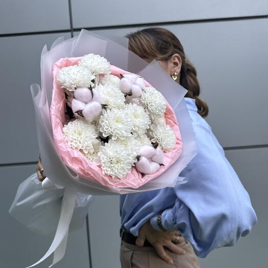 Авторский букет из кустовых хризантем сорта «Алтай» и хлопка 🎀