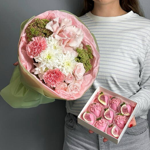 Букет с розами, диантусами и седумом и набор клубники в шоколаде 9-12 шт Agata S