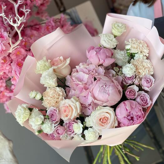 Pink bouquet with peonies, hydrangeas, roses