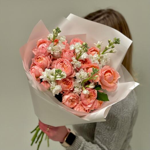 Bouquet of peony roses and mattiola