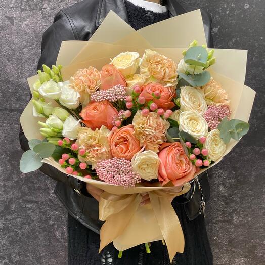 Author's bouquet with peony roses and ozotamnus