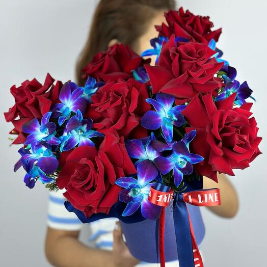French red roses and blue dendrobium in a box