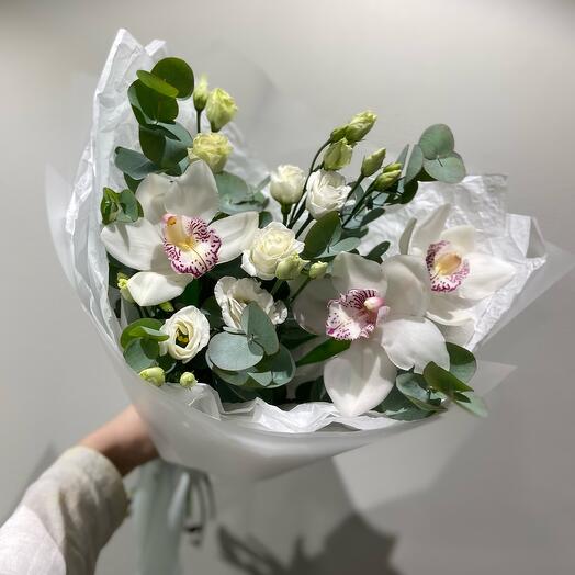 Snow-white bouquet with orchid and eucalyptus