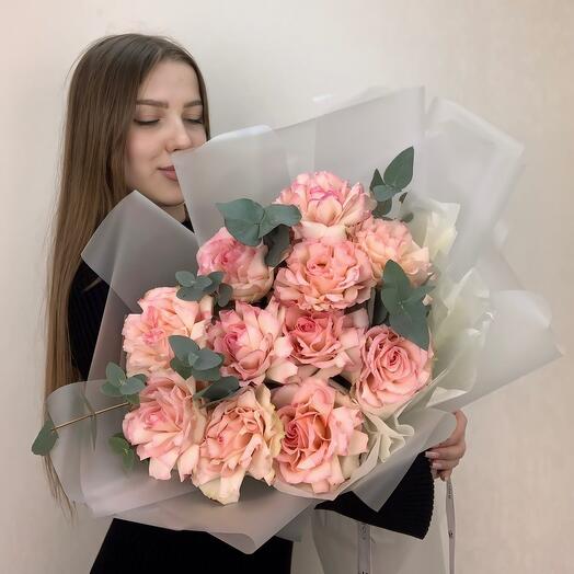 11 French roses with eucalyptus