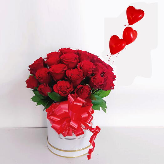 Red Roses Box With Heart Balloons