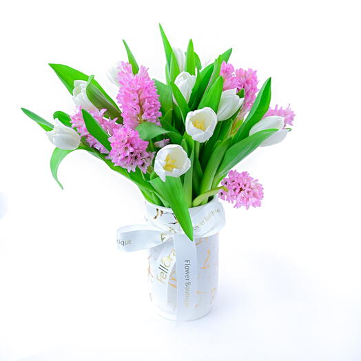 Hyacinthus Tulips Delight Vase ( Pink - White Compo)