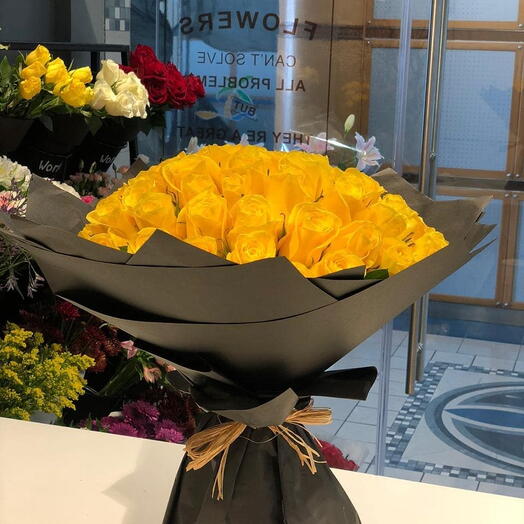 101 yellow ROS  Bouquet with Black wrapping