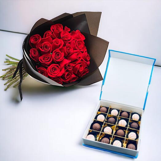 25 Red Roses Stylish Black Wrap Bouquet With Assorted Truffle Chocolate Box 16pcs