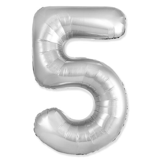 Фольгированный воздушный гелиевый шар цифра 5 серебро 102 см (40 дюймов) для украшения праздника и дня рождения