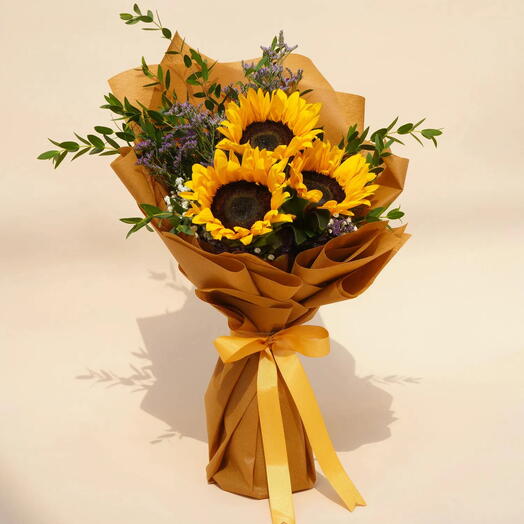 Mesmerizing Sunflowers: Beautifully Tied Bouquet | Captivating Floral Ensemble