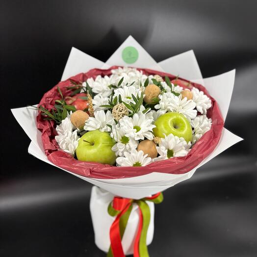 Bouquet of apples, walnuts and chrysanthemums