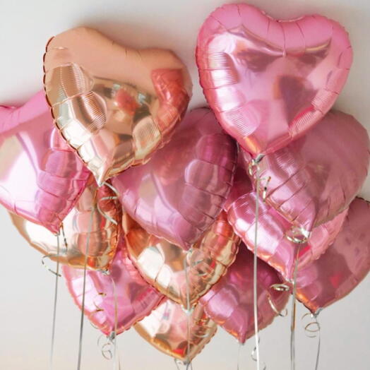Шары гелий сердца розовый, розовое золото 12 штук. Helium balloons heart shape pink, rose gold 12 pcs