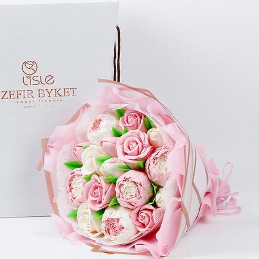 Съедобный букет из зефира розы, пионы,тюльпаны d21 см