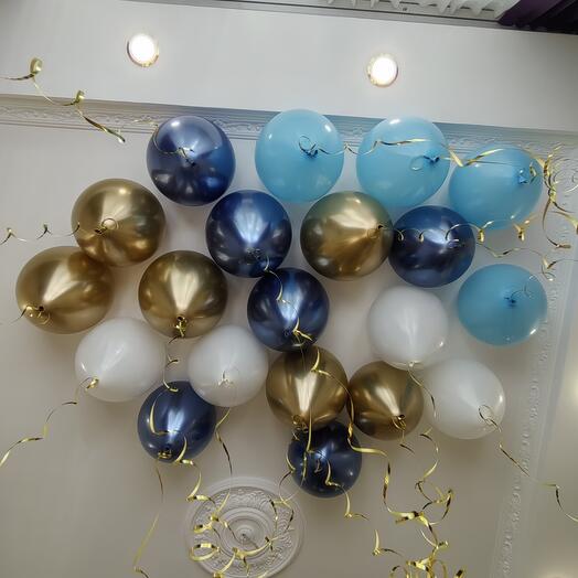 Набор шаров. Гелиевые шары под потолок 20 шт. Белые, Голубые, Синие и Золотые