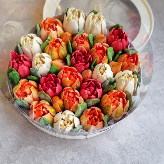 Тюльпаны в коробке пионовидные, букет из зефира, сладкий подарок