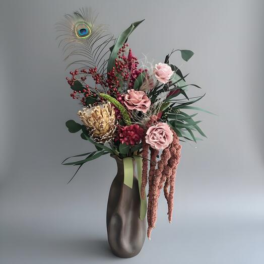 Композиция  с вазой из стабилизированных цветов и сухоцветов «Стильный и брутальный»