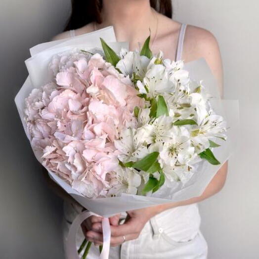 🔥Нежный букет розовая гортензия и белая альстромерия