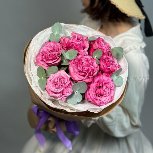 Mono bouquet of peony-shaped roses Country Blue 7 + eucalyptus