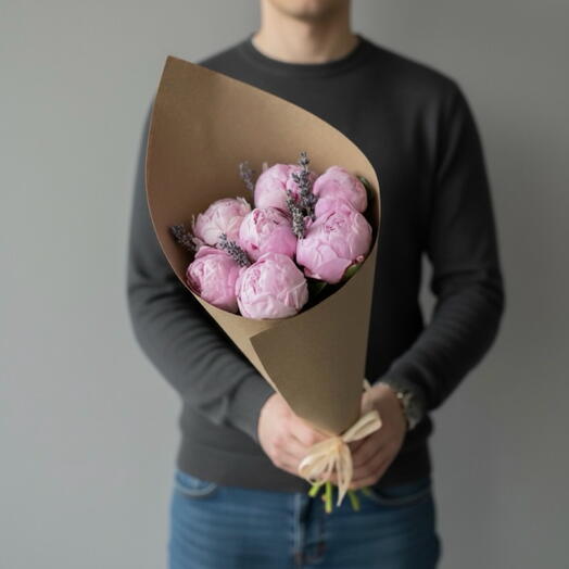 7 delicate peonies by Sarah Bernhardt with fragrant lavender in a craft bag