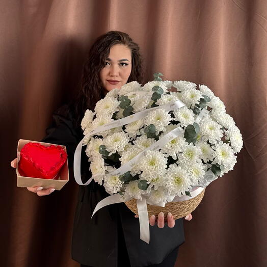 Хризантемы в кашпо+бенто торт