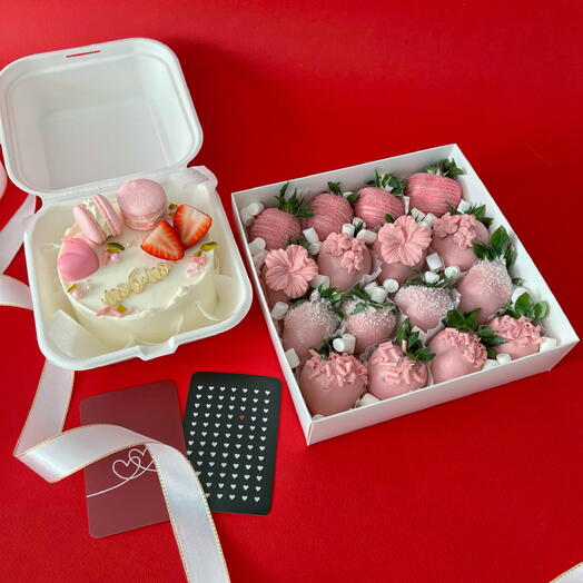 Бенто торт и клубника в шоколаде подарок на день влюбленных