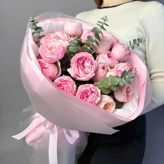 Букет кустовых пион роз 💗Клубничный пломбир💗 в размере L
