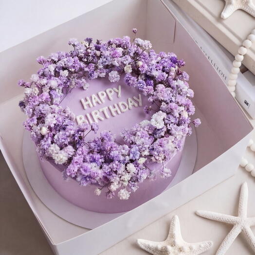 Торт  с живыми цветами и надписью Happy Birthday/ на день рождения