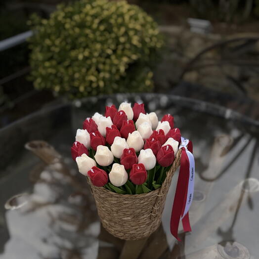 White and Red Tulip Candle Bouquet