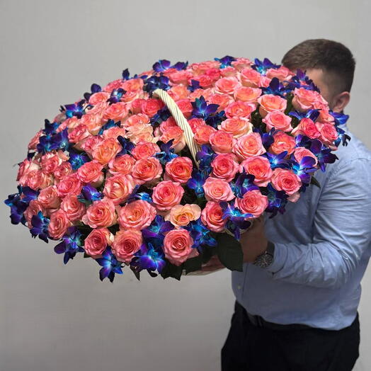 101 роза Джумилия 60 см в корзине «Орхидейная фантазия» 💖💙