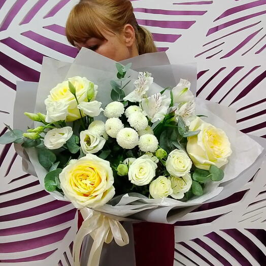 Букет«Свежесть утра»☘️пионовидная роза,эустома,кустовая роза, альстромерия и кустовая хризантема помпон
