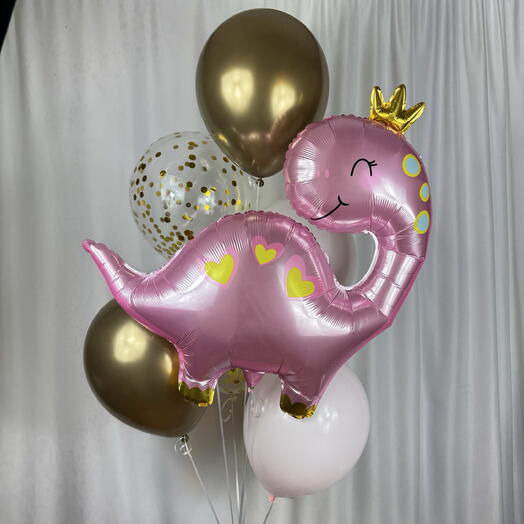 Воздушные шары для нее с динозавром принцессой розовый золото 7шт. Set of helium balloons for her dino princess pink gold 7pcs