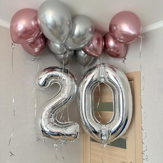 Гелиевые воздушные шарики на день рождения юбилей 20 лет девушке, подруге, дочери, супруге, жене с серебристо розовыми шарами