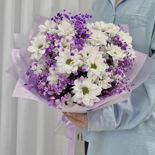 «Белые хризантемы и сиреневая гипсофила» 🤍💜