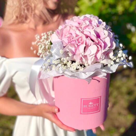 🌸Нежно-розовая гортензия в шляпной коробке