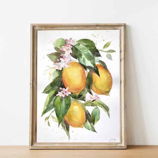 Limones en flor, acuarela en un marco de 20x30 cm