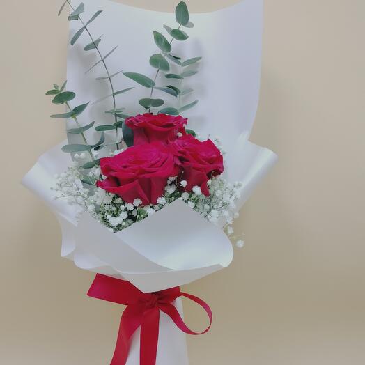 3 Red Roses Bouquet with Eucaliptus